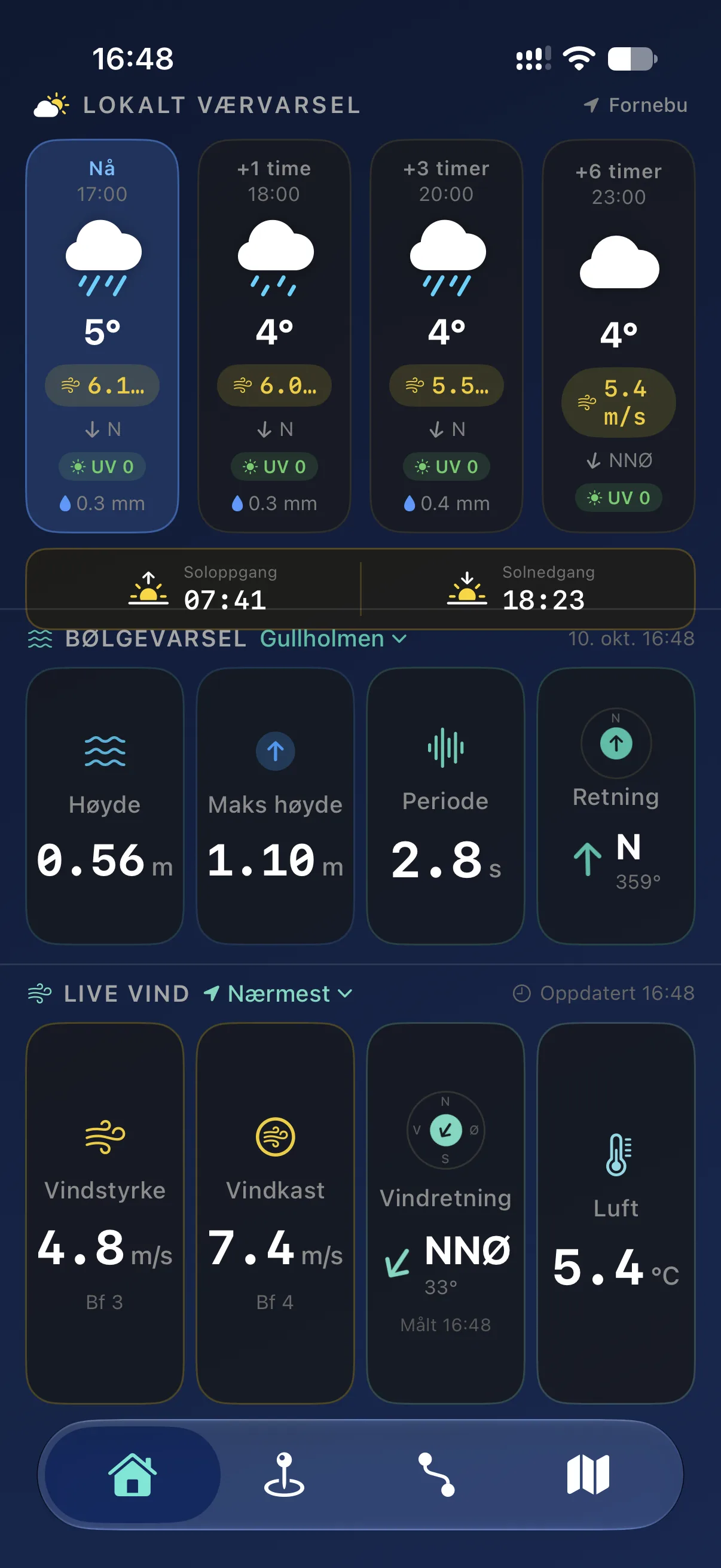 Hjemskjermen i Trygg Seilas med lokalt værvarsel, soloppgang, bølgevarsel og live vind