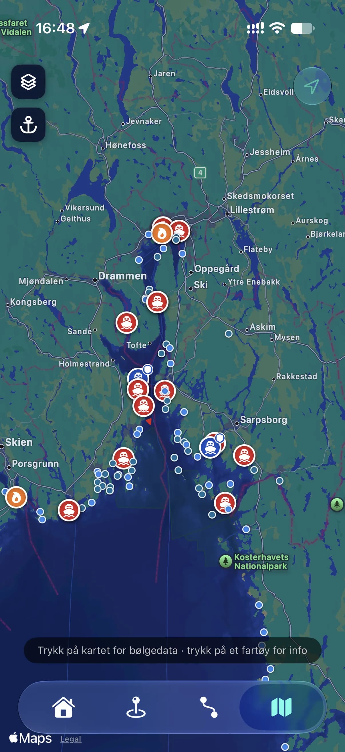 Kartet i Trygg Seilas med redningsskøyter og værstasjoner langs Oslofjorden