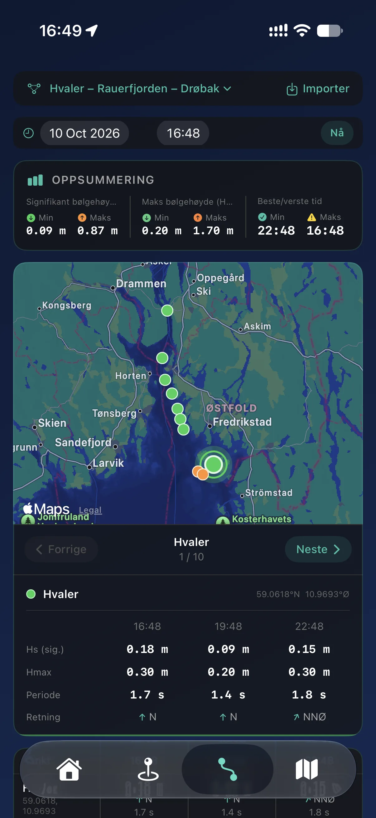 Ruteskjermen i Trygg Seilas med bølgedata langs en rute fra Hvaler til Drøbak